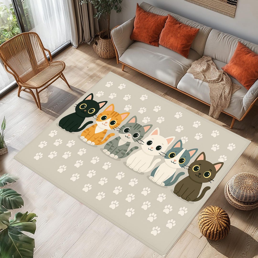 Cute Cat Rug With Colorful Cartoon Kittens and Paw Print Pattern ...