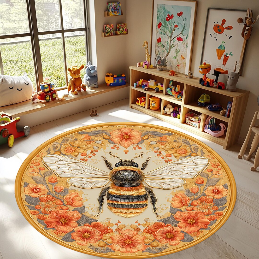 Floral Bee Round Rug, 3D Print, Non-slip Cotton Base - Etsy