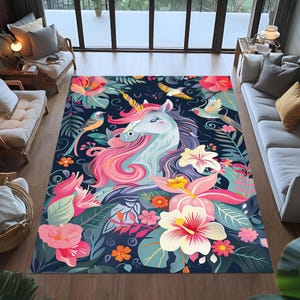 unicorn rug, medieval tapestry rug, enchanted forest rug, floral unicorn rug, fairytale room decor, magic animal rug, fantasy fairy tale rug