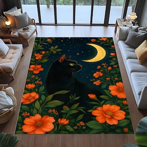 Black Cat Moon Rug,crescent moon cat rug, floral night magic rug, gothic witchy black cat rug, celestial cat art rug,living room rug,cat rug