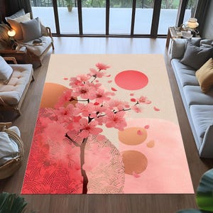 cherry blossom rug,sakura tree rug,japanese art rug,pink floral rug,asian style rug,minimalist modern rug,zen decor rug,living room rug