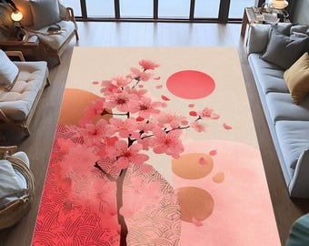Cherry Blossom Rug, Japanese Floral Art, Modern Zen Decor