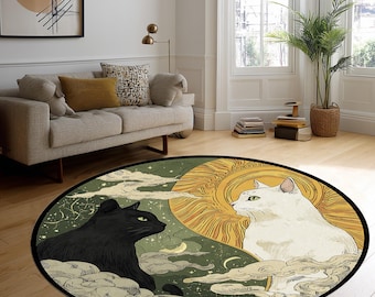 Tappeto rotondo con gatti Yin Yang, tappeto antiscivolo in cotone - Italia