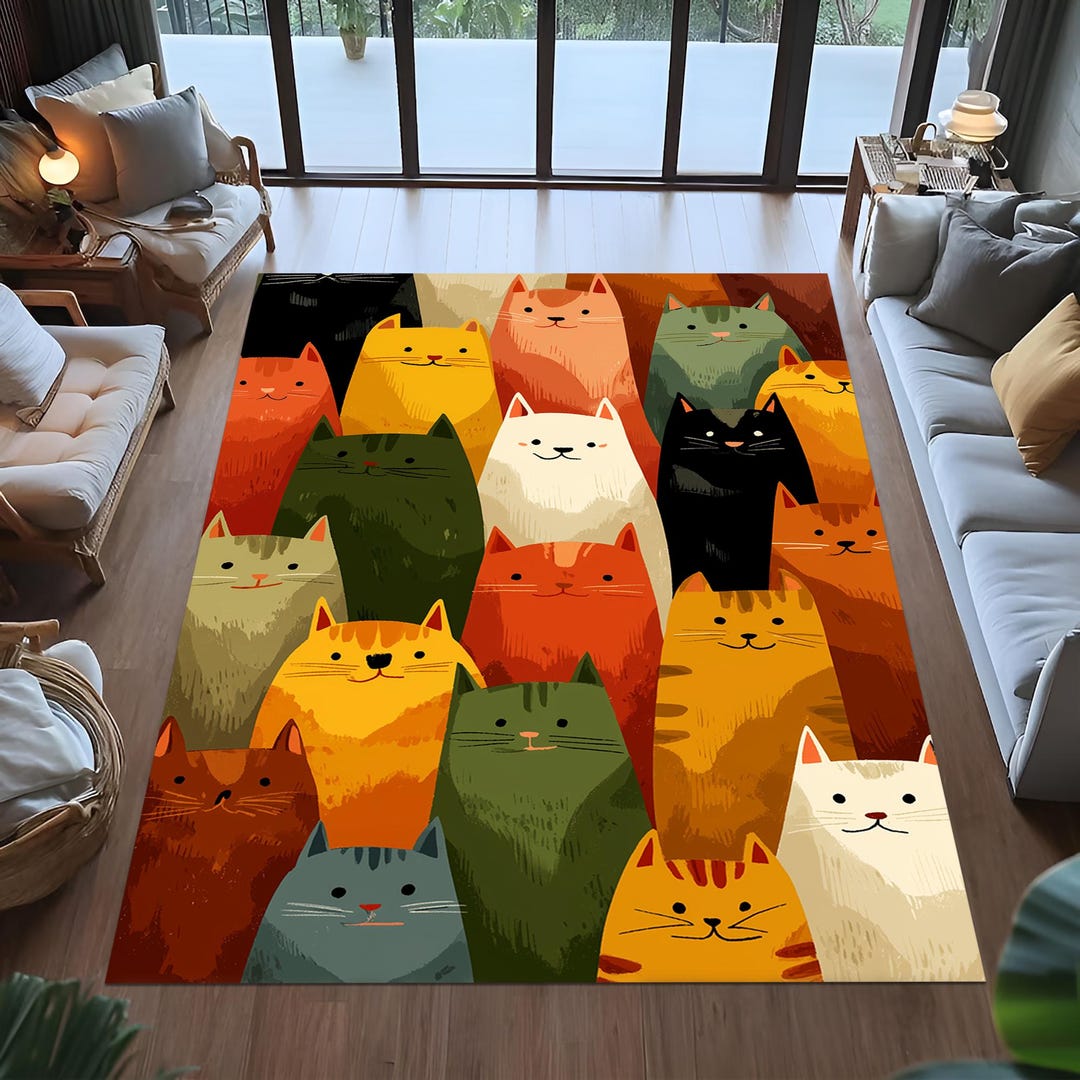 Cute Cat Rug With Colorful Cartoon Kittens and Paw Print Pattern ...