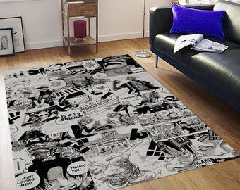 May include: A rectangular rug with a black and white manga comic book design. The rug is covered in panels with various characters and speech bubbles. The words "WANTED" and "THANK YOU" are visible.