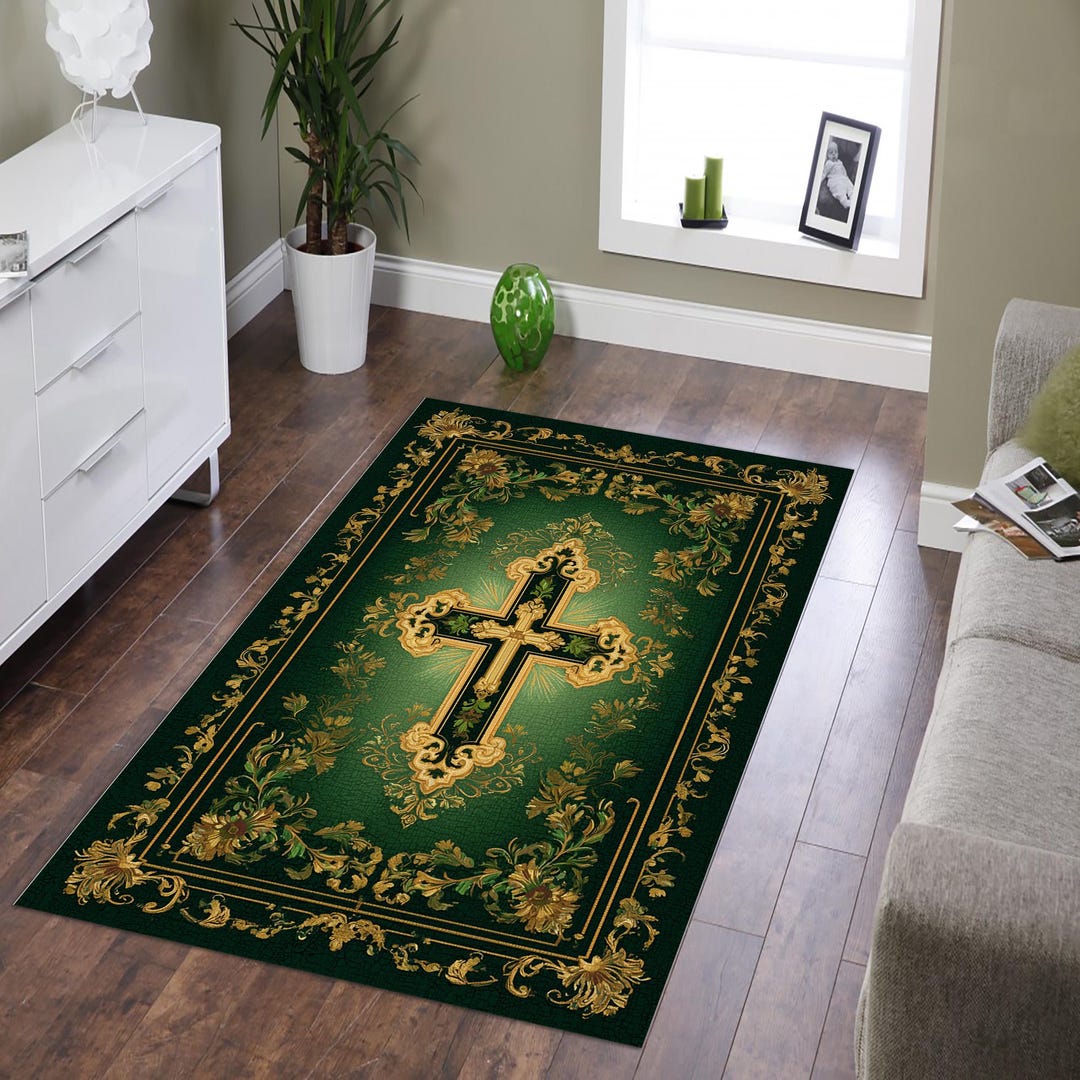 Christian Prayer Rug,christian Cross Rug,floral Cross Rug,gold Green ...