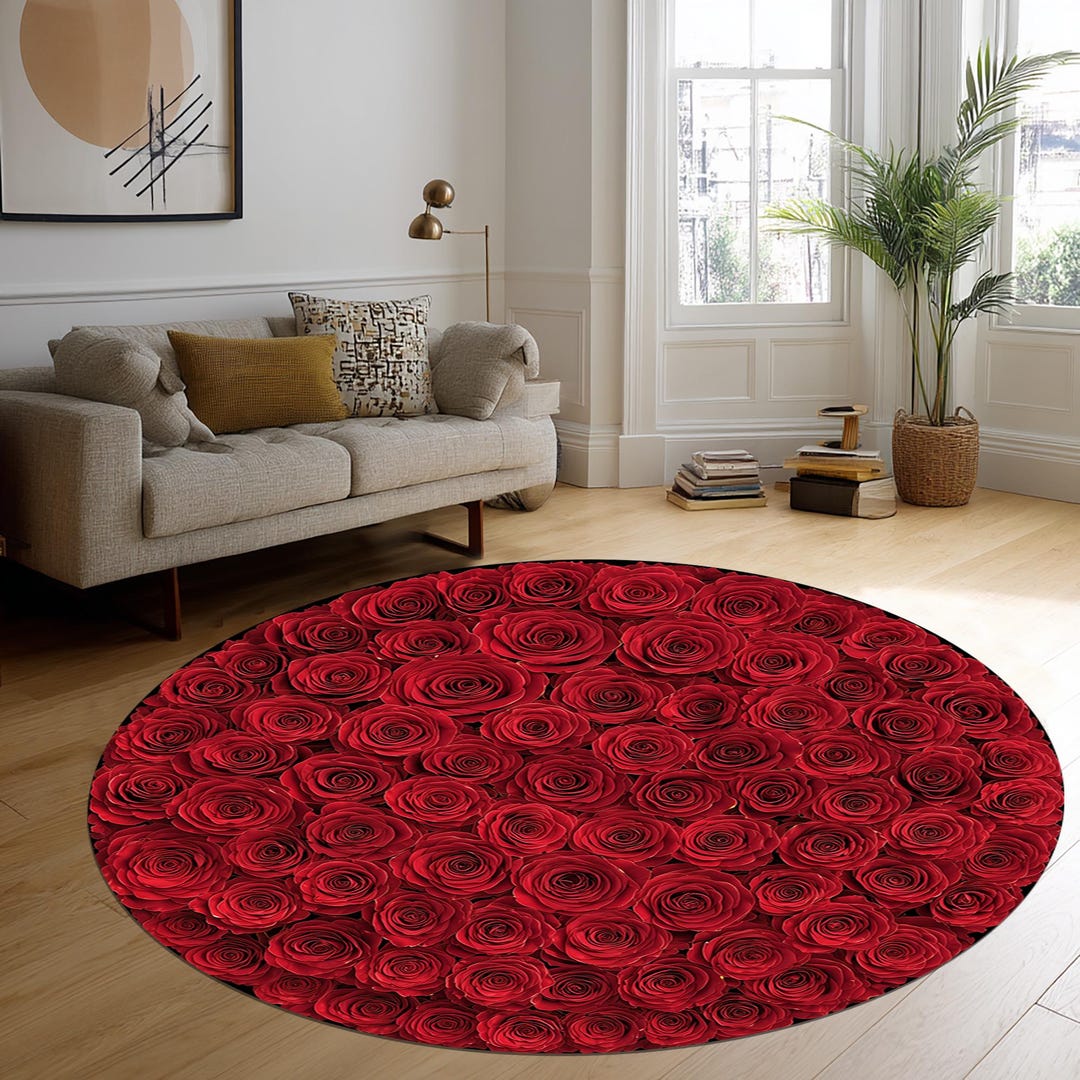 3D Red Rose Round Rug, Floral Print, Non-slip Cotton Backing - Etsy