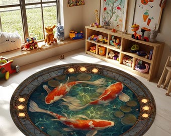 Round Koi Fish Rug, Japanese Art Nouveau Pond Rug
