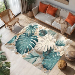 tropical leaf rug,green beige monstera rug,botanical art decor rug,modern jungle pattern rug,natural plant design rug,leaf rug,tropical rug