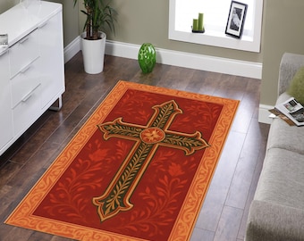 Christian Prayer Rug, Red Gold Cross, Sacred Home Decor (20x36 inches)