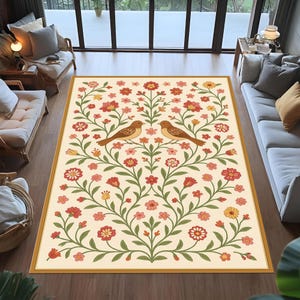 Colorful Birds Rug,Nature Animal Carpet,Songbird Illustration Mat,Botanical Branch Rug,Naturalist Style Wildlife Floor Art,Living Room Rug