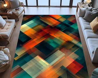 Abstract Modern Area Rug, Colorful Geometric Pattern, Mid Century Decor