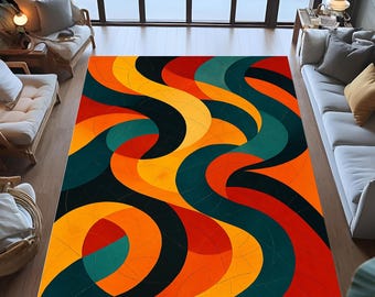 Mid Century Modern Area Rug, Abstract Geometric Design, Color Block Carpet