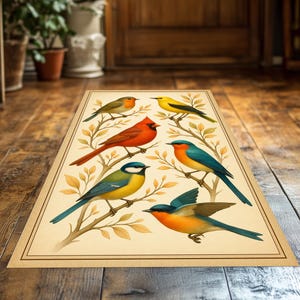 Colorful Birds Rug, Vintage Nature Printed  Animal Carpet,Songbird Illustration Mat,Botanical Branch Rug,Naturalist Style Wildlife Floor Art