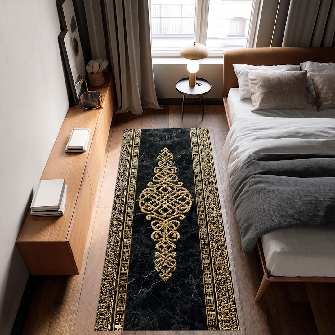 Black Gold Runner Rug, Marble Effect Oriental Carpet, Vintage Baroque ...