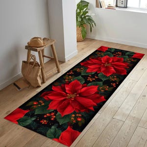 Poinsettia Christmas Runner Rug, Red Green Gold, Festive Hallway Decor