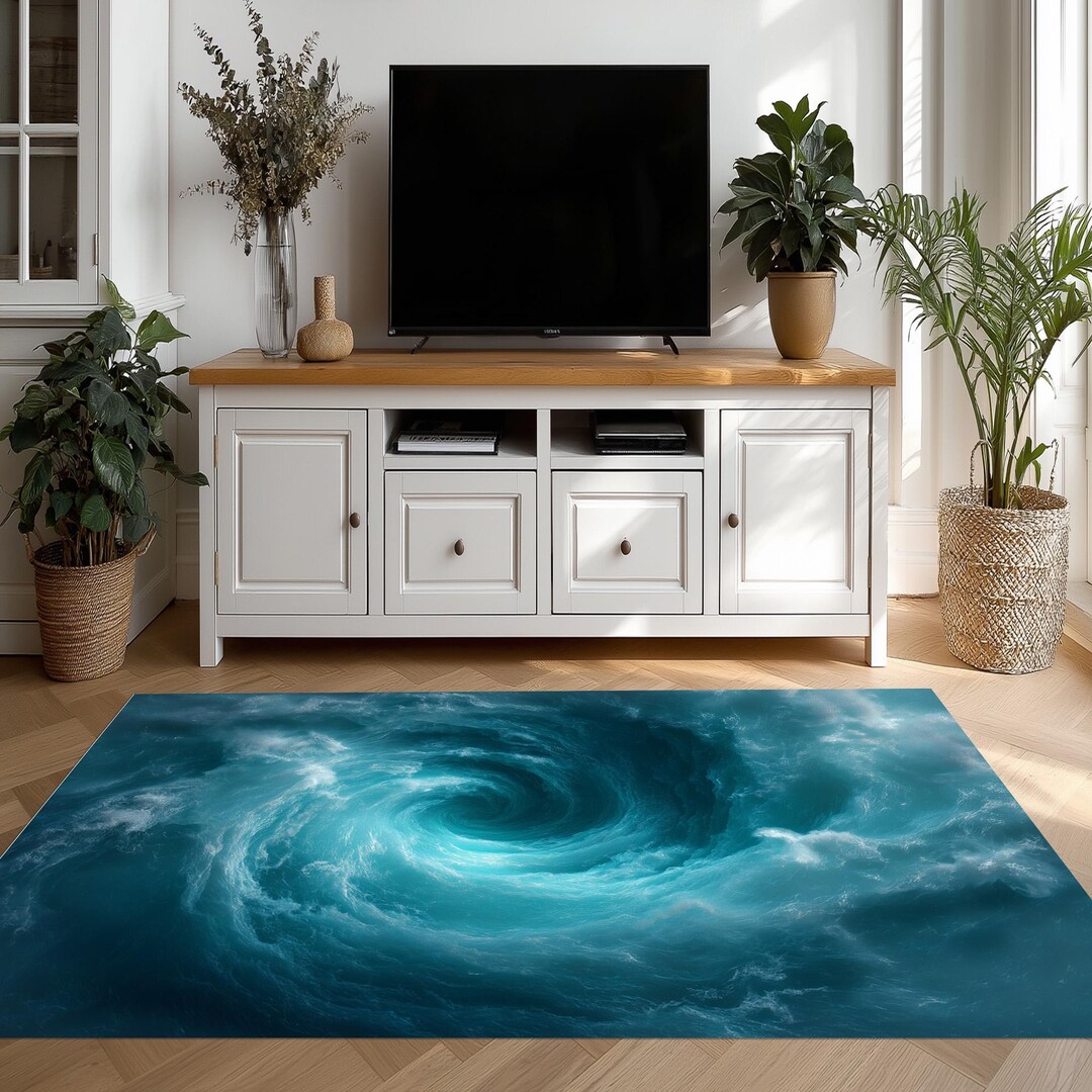 Ocean Reflection Rug Ocean Vortex Rug, Whirlpool Mat, Blue Sea Spiral Rug, Abstract Water ...