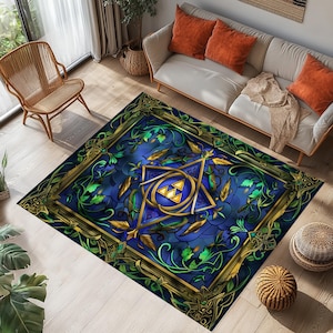 Zelda Triforce Rug,Legend Of Zelda Rug,Hylian Shield Stained Glass Design, Fantasy Gamer Decor,Game Room Rug,Gaming Room Rug,Video game rug