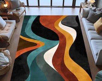 Abstract Modern Area Rug, Colorful Geometric Pattern, Mid Century Decor