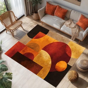 mid century rug,geometric rug,abstract modern rug,red orange rug,bauhaus rug,retro shapes rug,vintage modern rug,bold color rug,art rug