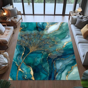 Teal and Gold Marble Pattern Rug, Modern Art Rug