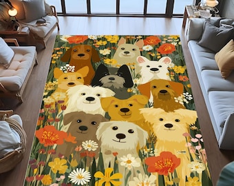 Cartoon Dog Rug, Floral Puppy Field Design, Pet Lover Decor