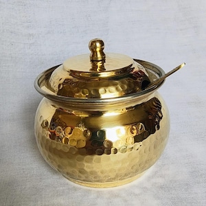 Handcrafted Brass Round Hammered Ghee And Oil Container – Tin Coated with Lid & Spoon | Traditional Brass Pot for Kitchen Use