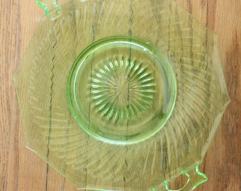 Vintage 20's/30's Art Deco Green Vaseline Glass Decagon Shaped Tray with Square Glass Handles