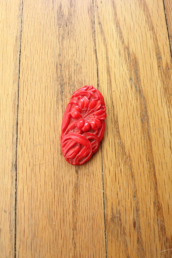 Antique 30's Red Carved Floral Bakelite Dress Clip