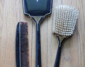 Vintage 20's/30's Black and Gold Art Deco Mirror, Brush and Comb Vanity Set