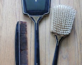 Vintage 20's/30's Black and Gold Art Deco Mirror, Brush and Comb Vanity Set