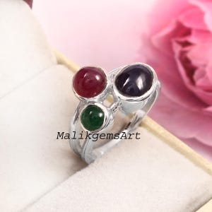 Emerald Female Ring, Ruby women's Band, Multi Stone Sterling Silver Ring