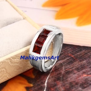 Garnet Band Ring , Garnet Men Band, Natural Garnet Band Ring, 925 Silver Men&#39;s Band, Engagement Band, Wedding Men&#39;s Band, Band Ring For Him