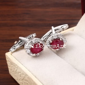 Gemelos Art Déco de Rubí: Gemelos de plata de ley, joyería para hombre con piedra ovalada.