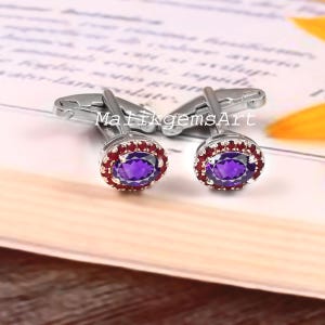 Handmade Sterling Silver Amethyst & Ruby Cufflinks: Natural Stone Cuff links