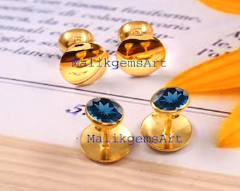 London Blue Topaz Tuxedo Studs Gold Plated 925 Sterling Silver, Men's  Stud Set, Groom Wedding Accessories, Formal Shirt Studs