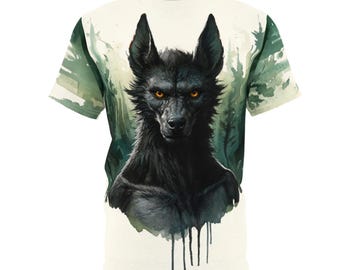 T-shirt Cryptid Dogman/weerwolf met aquarelbomen