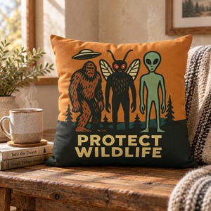 May include: A square throw pillow with an orange and dark green background featuring a graphic print of a brown Bigfoot, a black moth-like creature with red eyes, and a green alien under a flying saucer with the text PROTECT WILDLIFE.