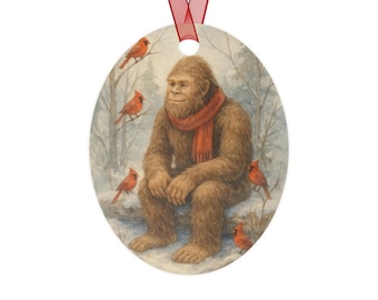 Sasquatch met metalen ornament kardinalen | Vakantie winter bosdecoratie