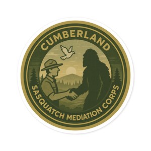May include: A round sticker with a green and tan design. The sticker features the text "Cumberland Sasquatch Mediation Corps" around the edge. The center shows a man shaking hands with a Sasquatch, with a dove and a sunset in the background.