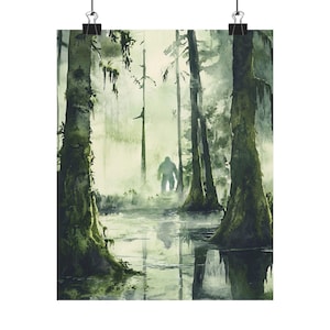 Vertical Posters - Watercolor Sasquatch in Swamp /Skunk Ape Design