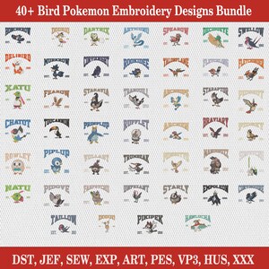 Op de afbeelding: Een verzameling van 40+ vogel Pokemon borduurontwerpen. Elk ontwerp toont de naam van een andere vogel Pokemon in een gebogen boog, met het woord "EST." en een jaar eronder. De ontwerpen zijn in verschillende kleuren en stijlen.