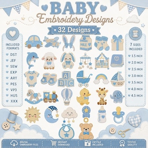Può includere: Una collezione digitale di 32 ricami per neonati con icone blu e gialle come auto, aereo, latte, vestiti, giocattoli e animali. Il testo riporta BABY Embroidery Designs, 32 Designs, oltre ai formati e 7 dimensioni da 3,8 a 11,4 cm.