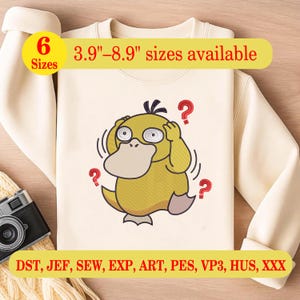 May include: Cream-colored sweatshirt featuring a yellow cartoon duck with a confused expression, red question marks, and the text "3.9"-8.9" sizes available." The design is an embroidery file, with multiple file formats available.