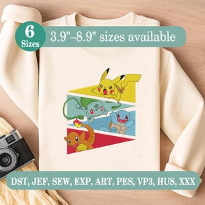 Może przedstawiać: Kremowa bluza z haftowanym wzorem Pikachu, Bulbasaur, Squirtle i Charmander. Projekt jest umieszczony na geometrycznych kształtach. Tekst na zdjęciu brzmi "6 Rozmiarów" i "Rozmiary dostępne 9,9 cm-22,6 cm".