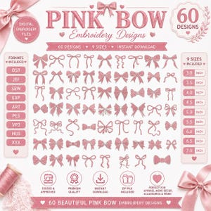 Puede incluir: Una colección digital de 60 diseños de bordado de lazos rosas con varios estilos de cinta. El conjunto incluye 9 tamaños que van de 7,6 a 17,8 cm y admite múltiples formatos de archivo como DST, JEF, SEW, EXP, ART, PES, VP3, HUS y XXX.