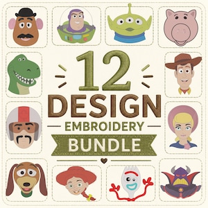 May include: A digital embroidery design bundle featuring 12 character illustrations from the Toy Story franchise, including Mr. Potato Head, Buzz Lightyear, an alien, Hamm, Rex, Woody, Duke Caboom, Bo Peep, Slinky Dog, Jessie, Forky, and Zurg.