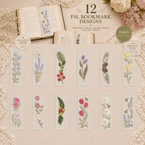 Könnte beinhalten: Eine Sammlung von 12 rechteckigen Spitzen-Lesezeichen mit gestickten Blumen- und Naturmotiven wie Lavendel, Tannenzapfen, Tulpen und Gänseblümchen. Der Text gibt 12 FSL-Lesezeichen-Designs in 3 Größen an: 16,5 cm, 17,8 cm und 19,1 cm.