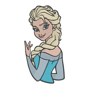 Puede incluir: Un parche bordado que muestra un personaje de dibujos animados con cabello largo y rubio peinado en una trenza lateral gruesa. El personaje tiene ojos azules, tez clara y viste una blusa de manga larga azul claro y cian.