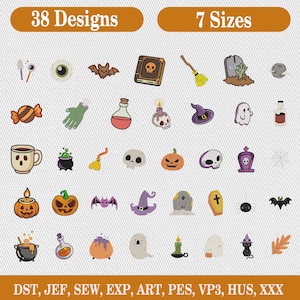 Puede incluir: Una colección de 38 diseños temáticos de Halloween en varios tamaños. Los diseños incluyen sombreros de bruja, calabazas, murciélagos, fantasmas y botellas de pociones. La imagen también muestra el texto "38 Designs" y "7 Sizes".